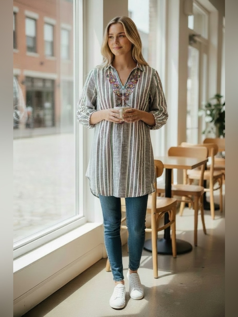 Soft Surroundings Striped Tunic with Multicolor Floral Embroidery